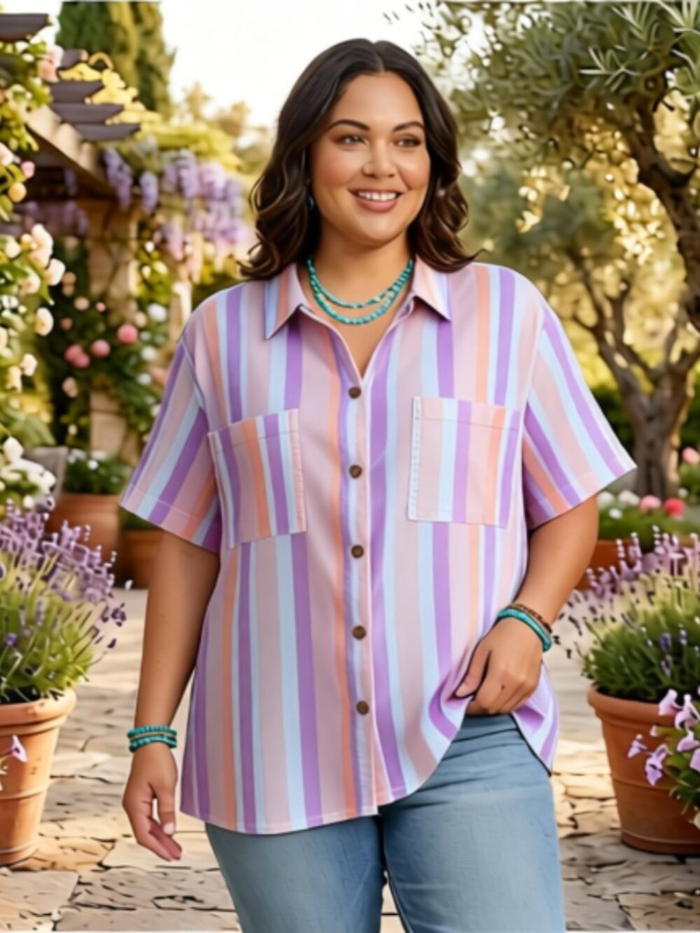 Terra & Sky Womens Striped Top Blouse Button Front Short Sleeves Size 2X